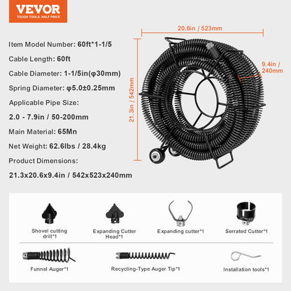 VEVOR Drain Cleaning Cable 60 FT x 1-1/5 Inch, Professional Sectional Drain Cleaner