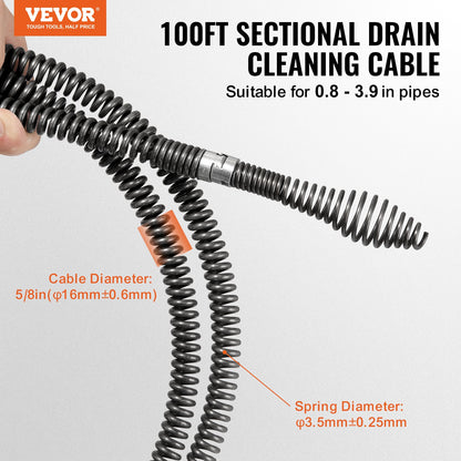 VEVOR Drain Cleaning Cable 100 FT x 5/8 Inch, Professional Sectional Drain Cleaner