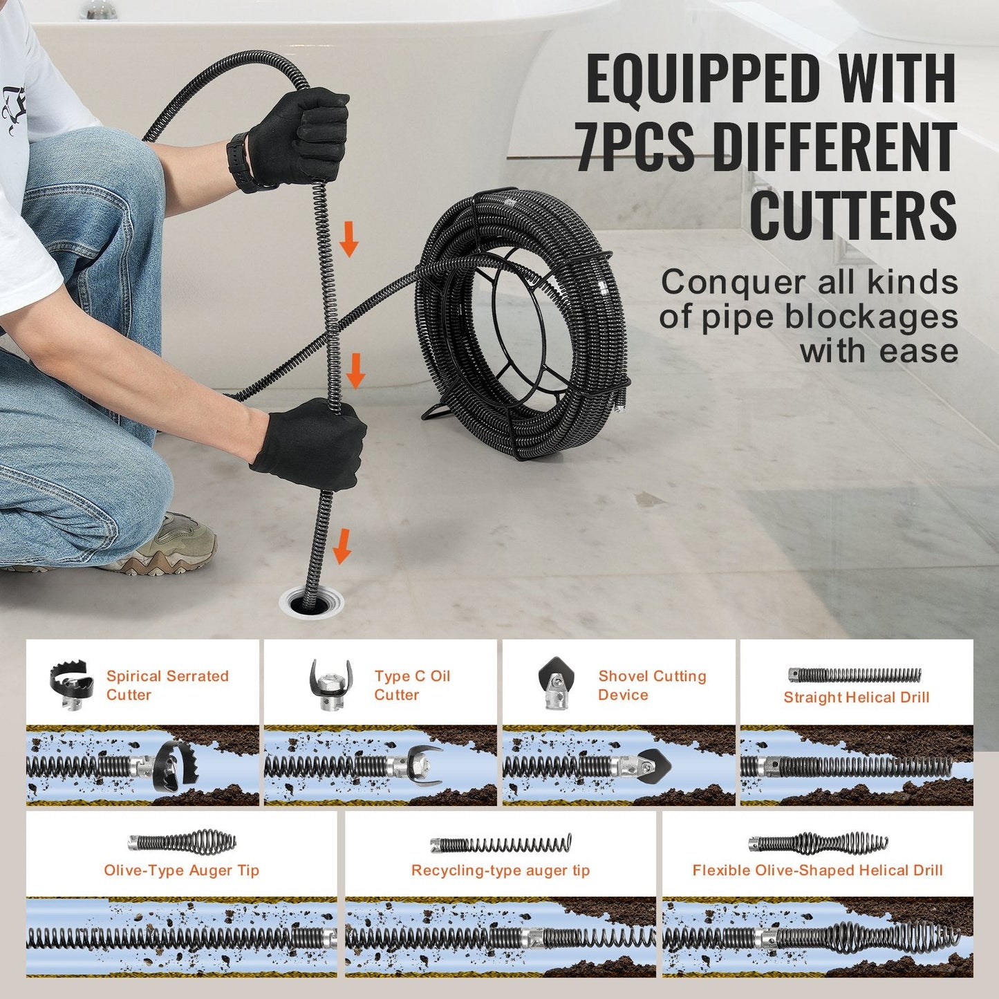 100 ft x 0.16 m Professional Drain Cleaning Cable with 7 Cutters