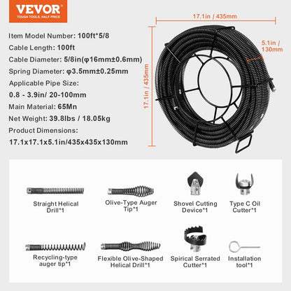 100 ft x 0.16 m Professional Drain Cleaning Cable with 7 Cutters