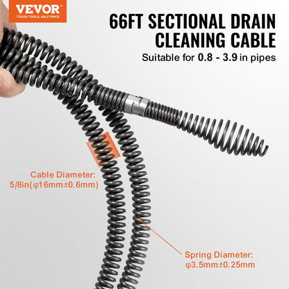 Professional 20m x 16mm Drain Cleaner Cable with 7 Cutters for 20-100mm Pipes