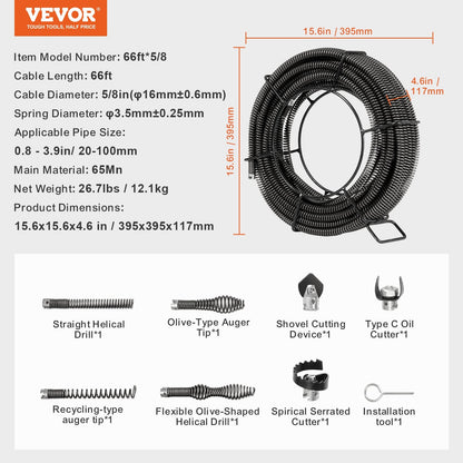 Professional 20m x 16mm Drain Cleaner Cable with 7 Cutters for 20-100mm Pipes