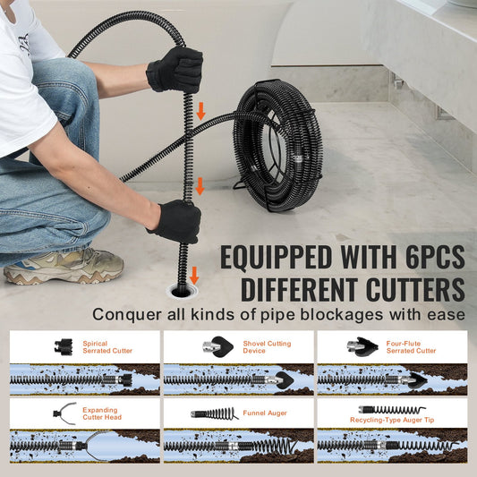 Professional 13.7m Drain Cleaning Cable with 6 Cutters for Pipes 20-150mm