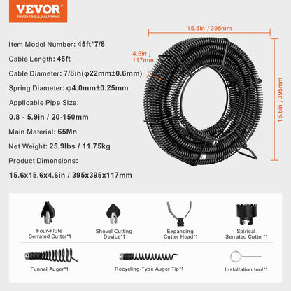 VEVOR Drain Cleaning Cable 45 FT x 7/8 Inch, Professional Sectional Drain Cleaner