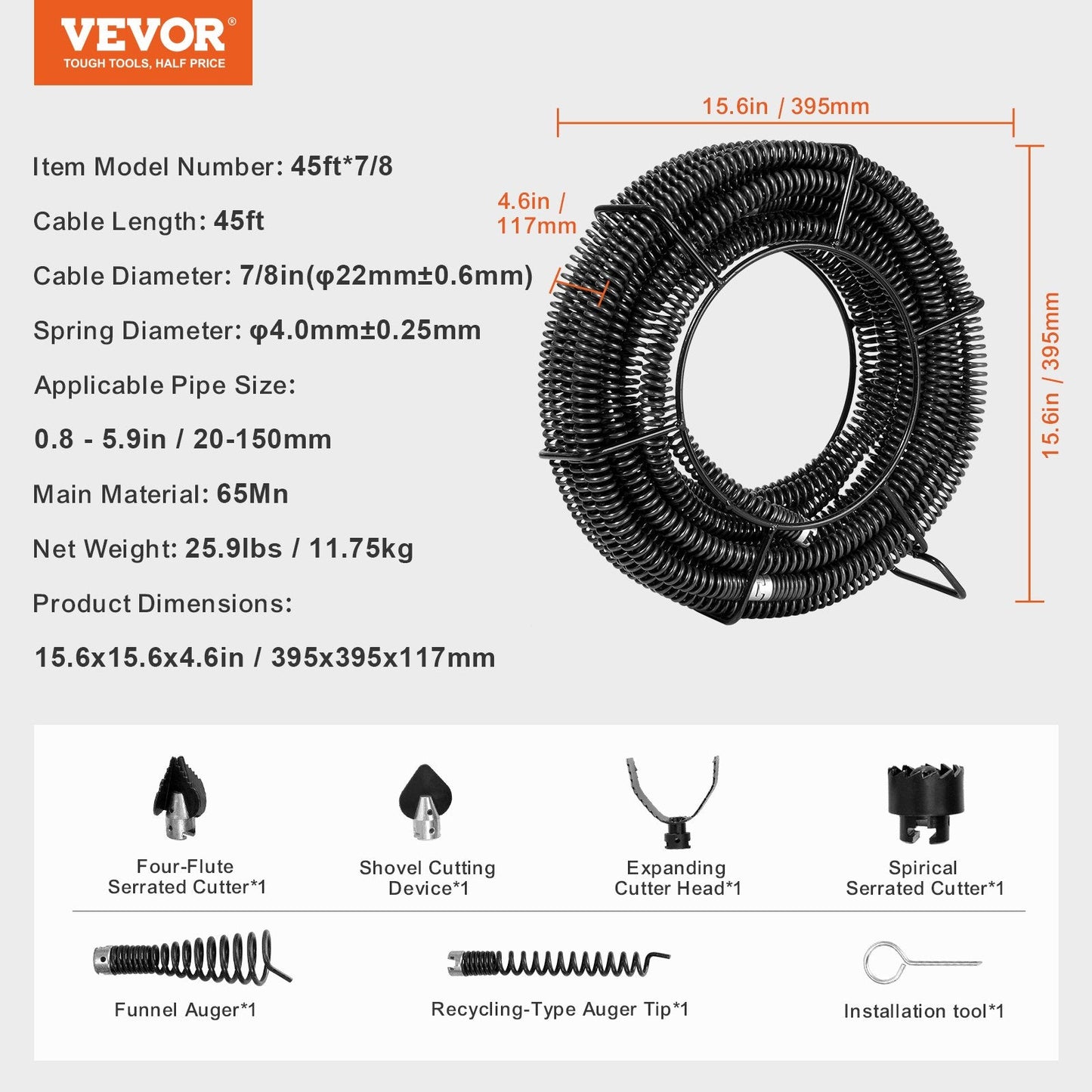 Professional 13.7m Drain Cleaning Cable with 6 Cutters for Pipes 20-150mm