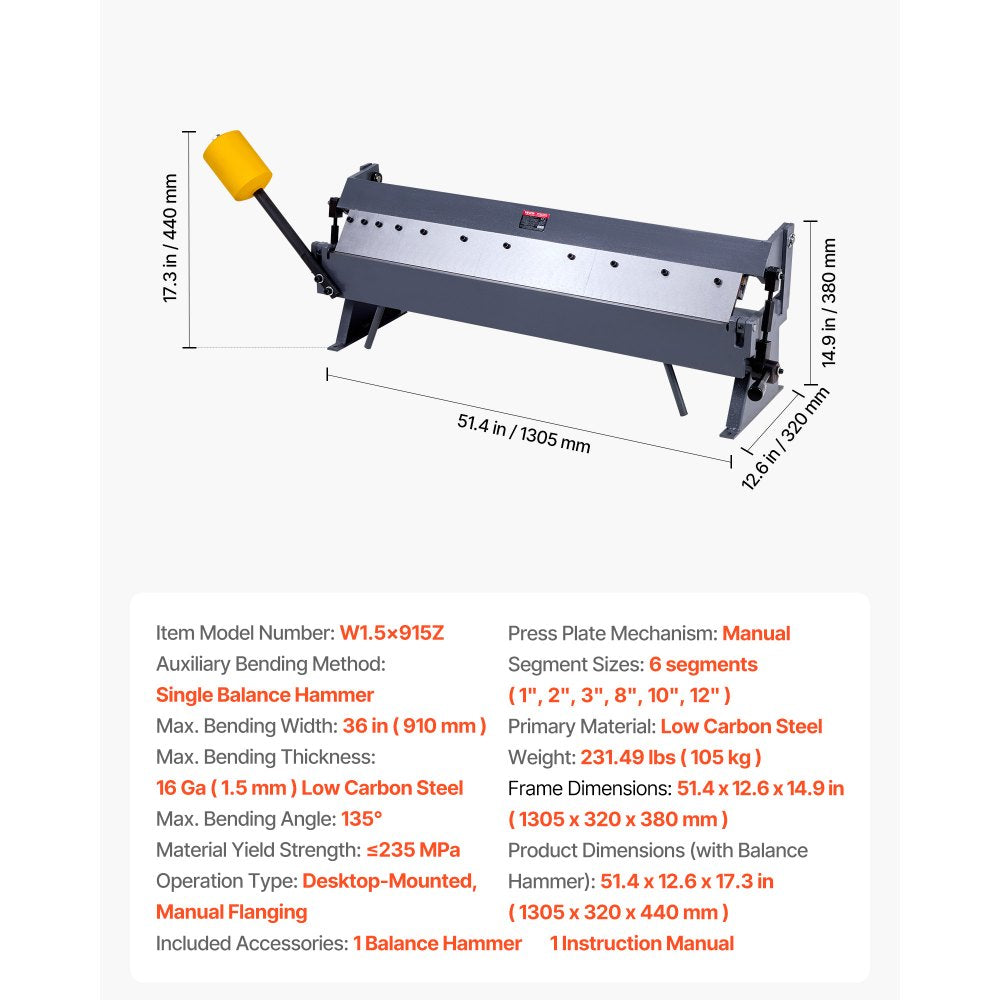 910 mm Box and Pan Brake 0-135° 16 Ga Sheet Metal Bending Brake 5 Fingers