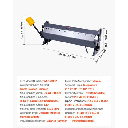 910 mm Box and Pan Brake 0-135° 16 Ga Sheet Metal Bending Brake 5 Fingers