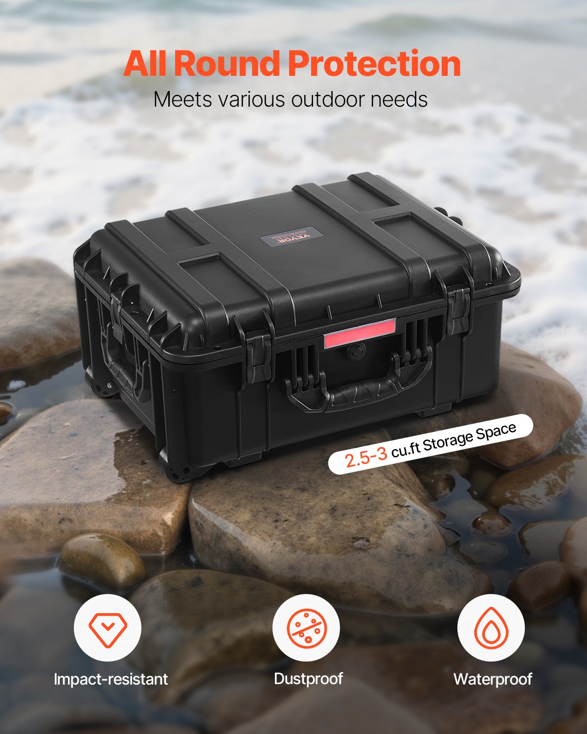 VEVOR 2.5 Cu.ft Weatherproof Hard Case Rolling Wheels & Retractable Handle Black