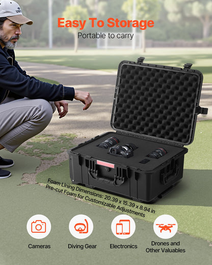 VEVOR 2.5 Cu.ft Weatherproof Hard Case Rolling Wheels & Retractable Handle Black