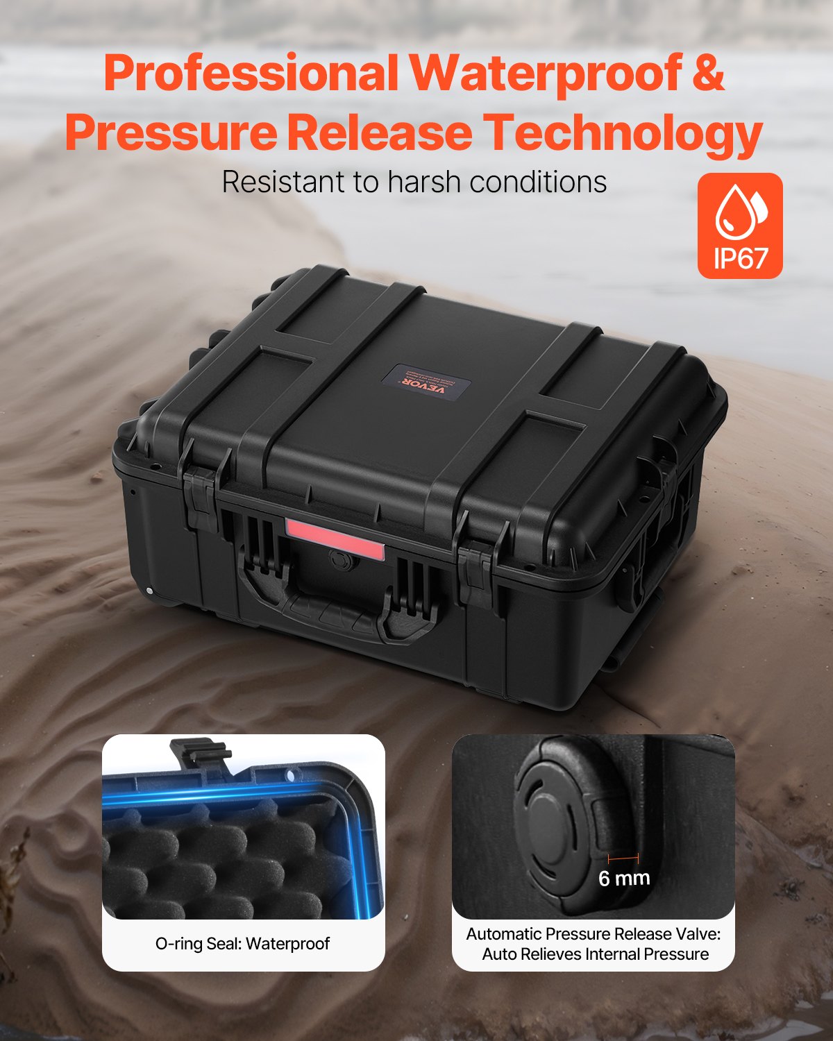 VEVOR 2.5 Cu.ft Weatherproof Hard Case Rolling Wheels & Retractable Handle Black