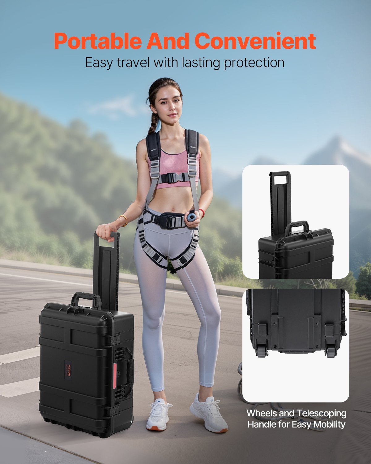 VEVOR 2.5 Cu.ft Weatherproof Hard Case Rolling Wheels & Retractable Handle Black