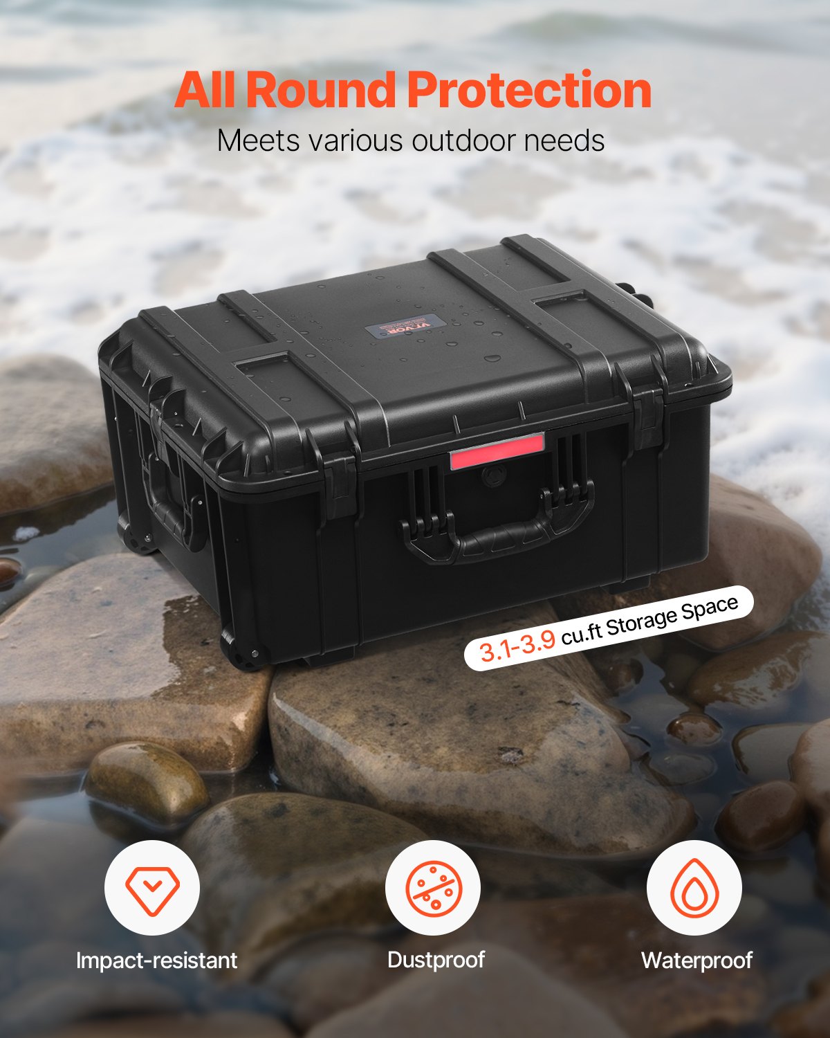 VEVOR 3.5 Cu.ft Weatherproof Hard Case Rolling Wheels & Retractable Handle Black