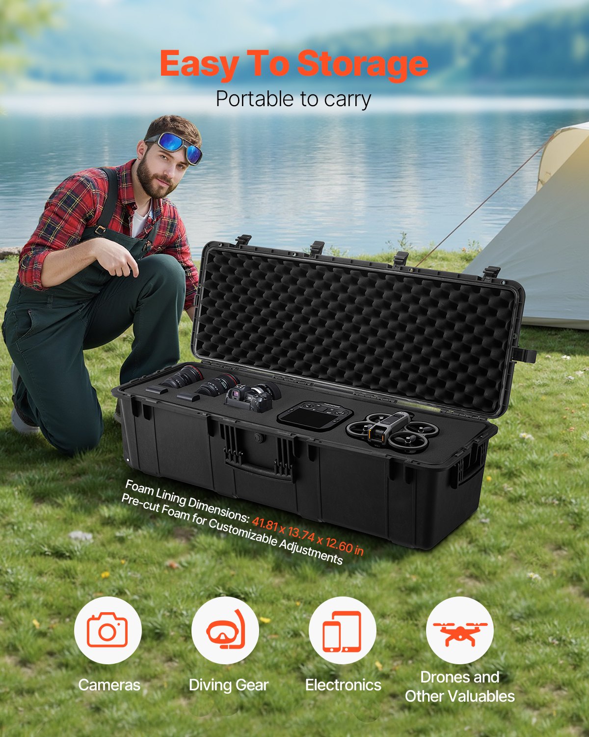 VEVOR 5.5 Cu.ft Weatherproof Hard Case with 3 Handles Large Capacity Case Black