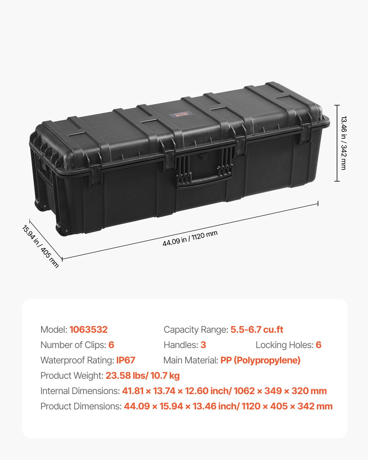 VEVOR 5.5 Cu.ft Weatherproof Hard Case with 3 Handles Large Capacity Case Black