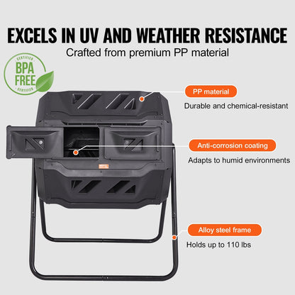 Dual-Chamber 162.7L Compost Tumbler with Rotating Sliding Doors, 50kg Capacity