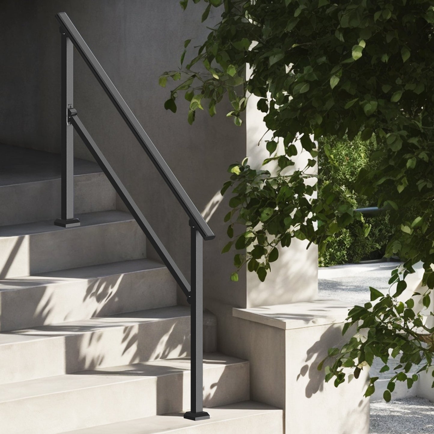 Handrails for Outdoor Steps, 4-5 Step Stair Hand Rail Kit, Transitional Carbon Steel Railings with Installation Kit, Stair Rails for Seniors, Concrete Steps & Porch & Deck, Black Square Tube