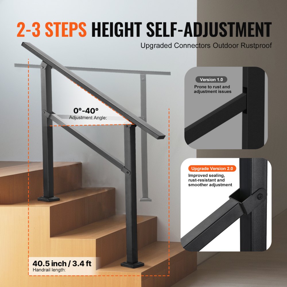 Outdoor Handrails for Steps, 2-3 Step Stair Rail Kit, Black Square Tube with Horizontal Bar, Carbon Steel Support Rails 