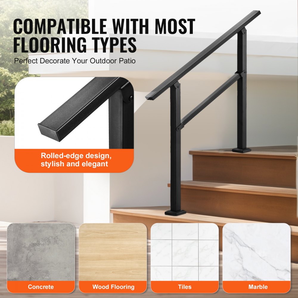 Outdoor Handrails for Steps, 2-3 Step Stair Rail Kit, Black Square Tube with Horizontal Bar, Carbon Steel Support Rails 