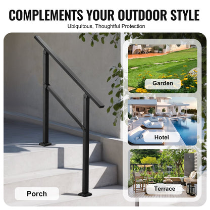 Outdoor Handrails for Steps, 2-3 Step Stair Rail Kit, Black Square Tube with Horizontal Bar, Carbon Steel Support Rails 