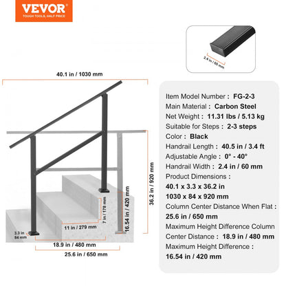 Outdoor Handrails for Steps, 2-3 Step Stair Rail Kit, Black Square Tube with Horizontal Bar, Carbon Steel Support Rails 