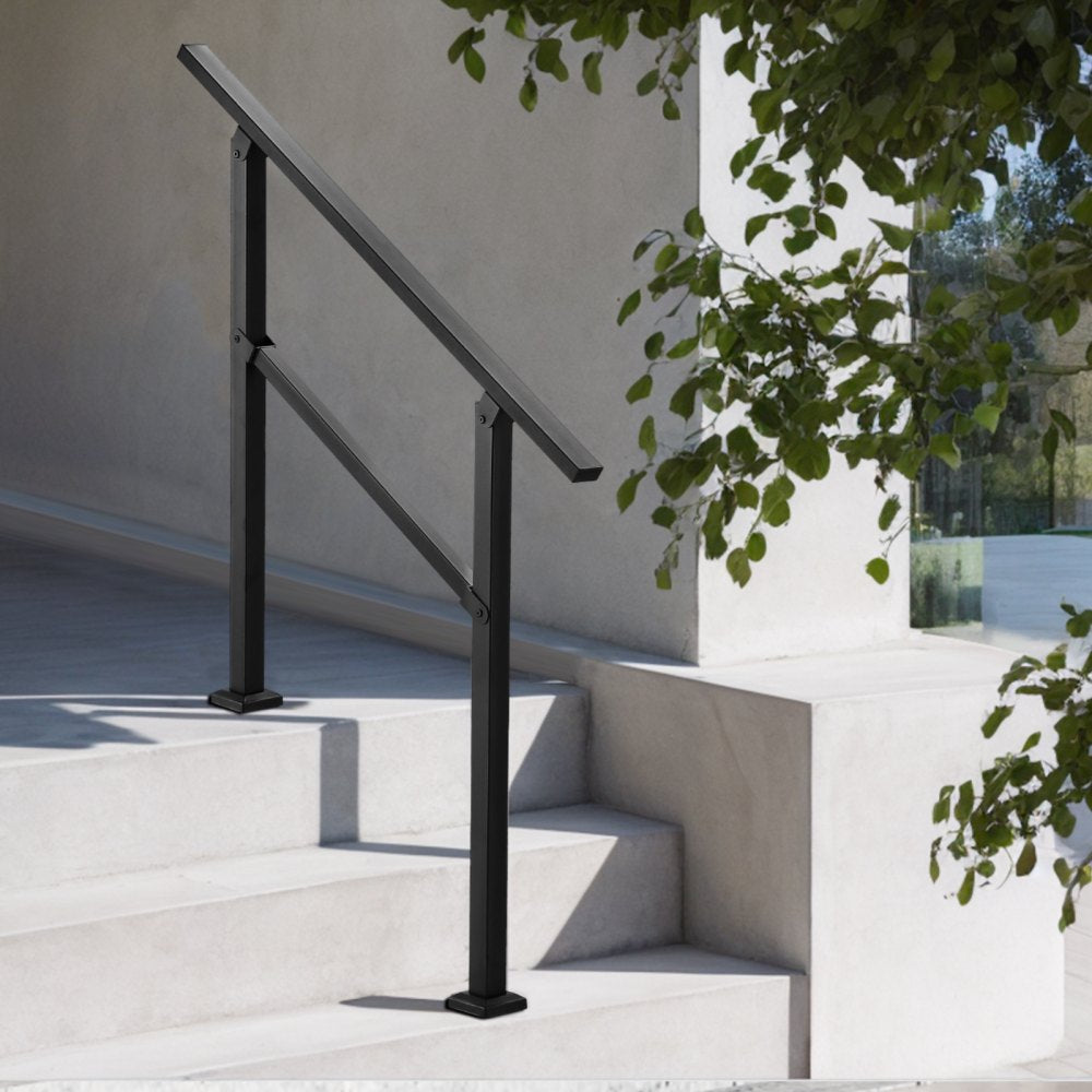 Outdoor Handrails for Steps, 2-3 Step Stair Rail Kit, Black Square Tube with Horizontal Bar, Carbon Steel Support Rails 