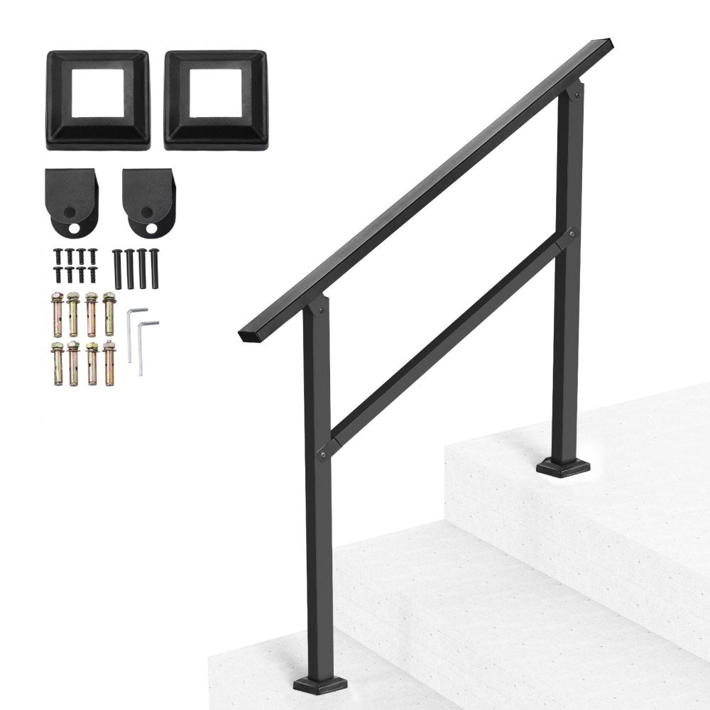 Outdoor Handrails for Steps, 2-3 Step Stair Rail Kit, Black Square Tube with Horizontal Bar, Carbon Steel Support Rails 