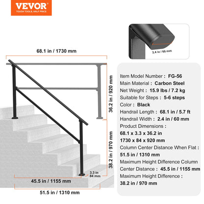 VEVOR 5-6 Handrails for Outdoor for Seniors Porch Deck Black Square Tube Steel