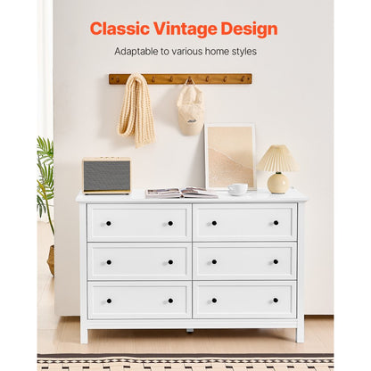 VEVOR 6 Drawer Dresser Wooden Chest of Drawer w/ Sliding & Anti-tip Device White