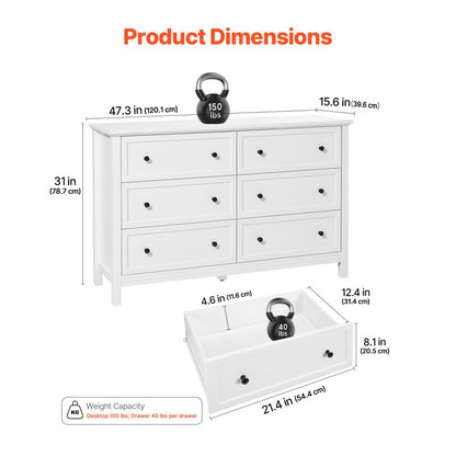 VEVOR 6 Drawer Dresser Wooden Chest of Drawer w/ Sliding & Anti-tip Device White