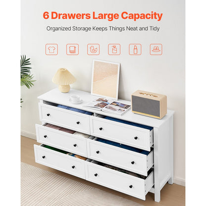 VEVOR 6 Drawer Dresser Wooden Chest of Drawer w/ Sliding & Anti-tip Device White