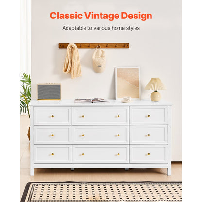 VEVOR 9 Drawer Dresser Wooden Chest of Drawer w/ Sliding & Anti-tip Device White