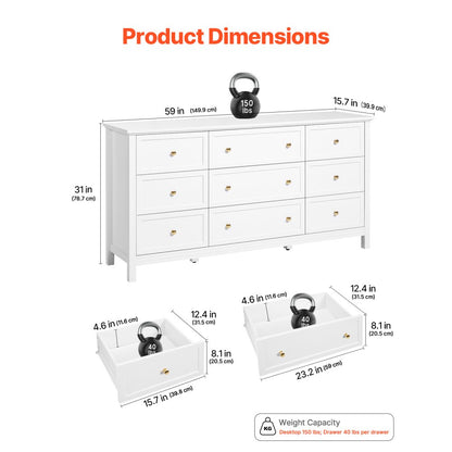 VEVOR 9 Drawer Dresser Wooden Chest of Drawer w/ Sliding & Anti-tip Device White