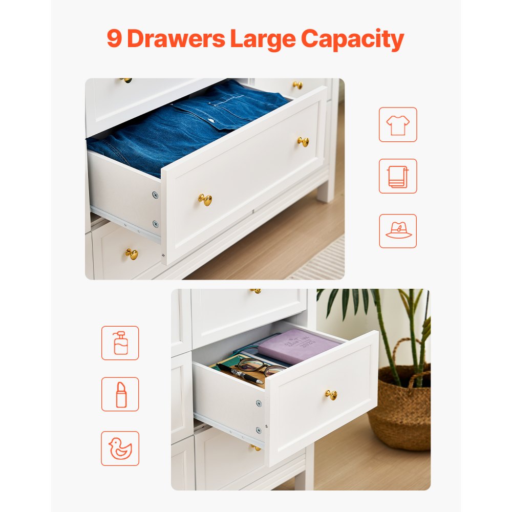 VEVOR 9 Drawer Dresser Wooden Chest of Drawer w/ Sliding & Anti-tip Device White