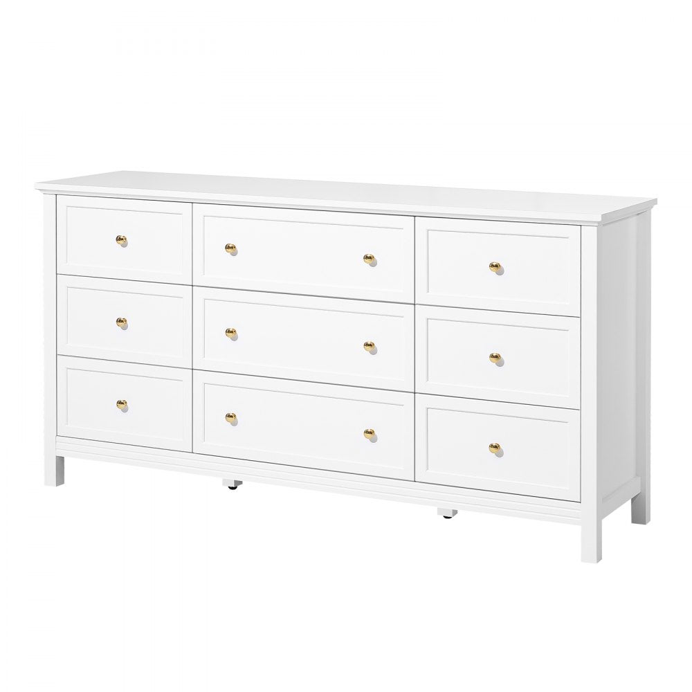 VEVOR 9 Drawer Dresser Wooden Chest of Drawer w/ Sliding & Anti-tip Device White