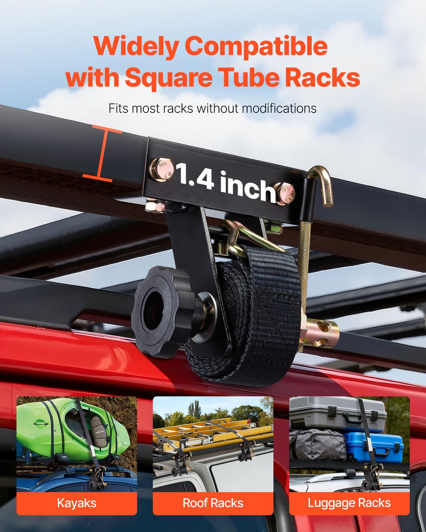 Ladder Rack Ratchet Straps, Black Square Tube Mount, 38 mm Wide x 2.25 m Long Black Ladder Rack Straps with Double J-Hooks, 226.8 kg Load Heavy Duty, Cargo Buckle Lock Strap (2 Pack)