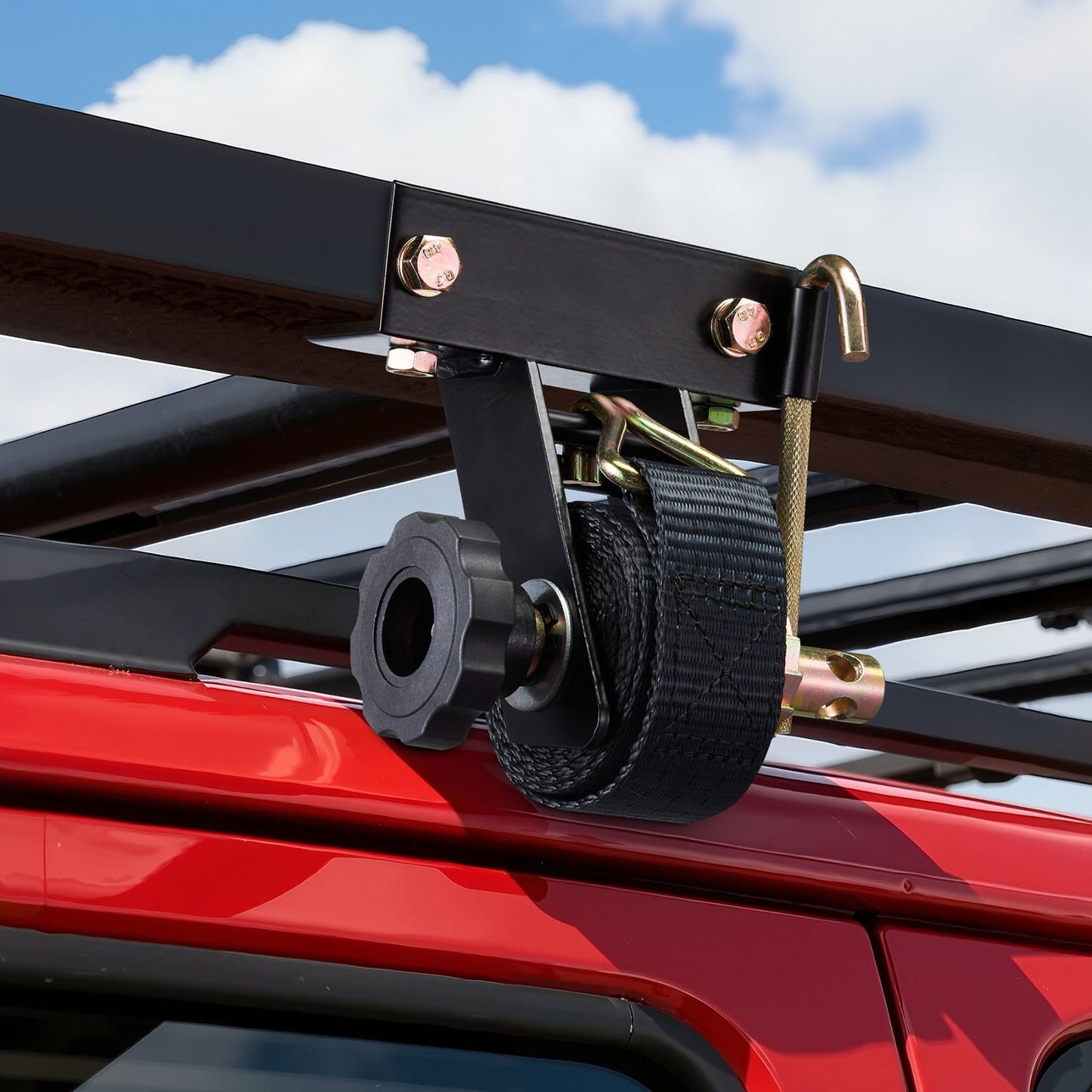 Ladder Rack Ratchet Straps, Black Square Tube Mount, 38 mm Wide x 2.25 m Long Black Ladder Rack Straps with Double J-Hooks, 226.8 kg Load Heavy Duty, Cargo Buckle Lock Strap (4 Pack)