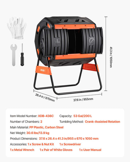 Compost Tumbler, 200L Dual Chamber Outdoor Tumbling Composter with 2 Sliding Doors and Aeration System, Large Easy-Turn Fast Rotating Composting Bin for Outside, Garden, Kitchen, and Yard Waste