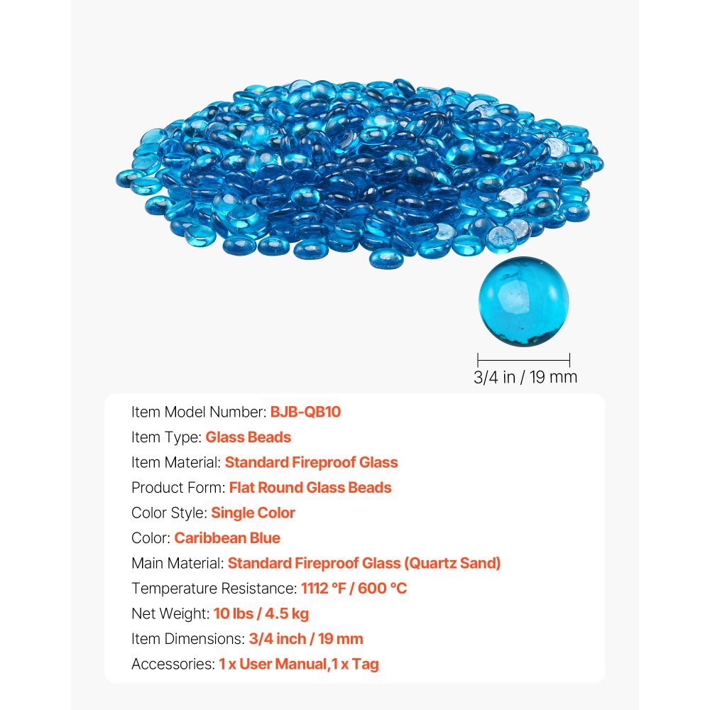 4.5KG Fire Glass 19.05 mm Fireplace Glass Rocks for Firepit Caribbean Blue