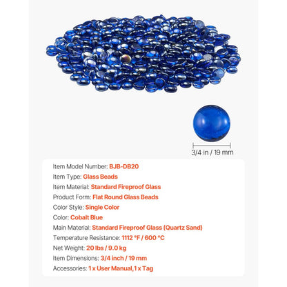 9KG Fire Glass 19.05mm Round Fireplace Glass Rocks for Firepit Cobalt Blue