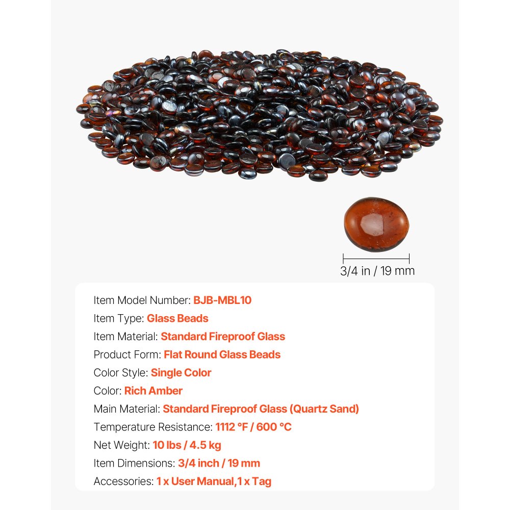 4.5KG Fire Glass 19.05mm Fireplace Glass Rocks for Fire Pit Rich Amber