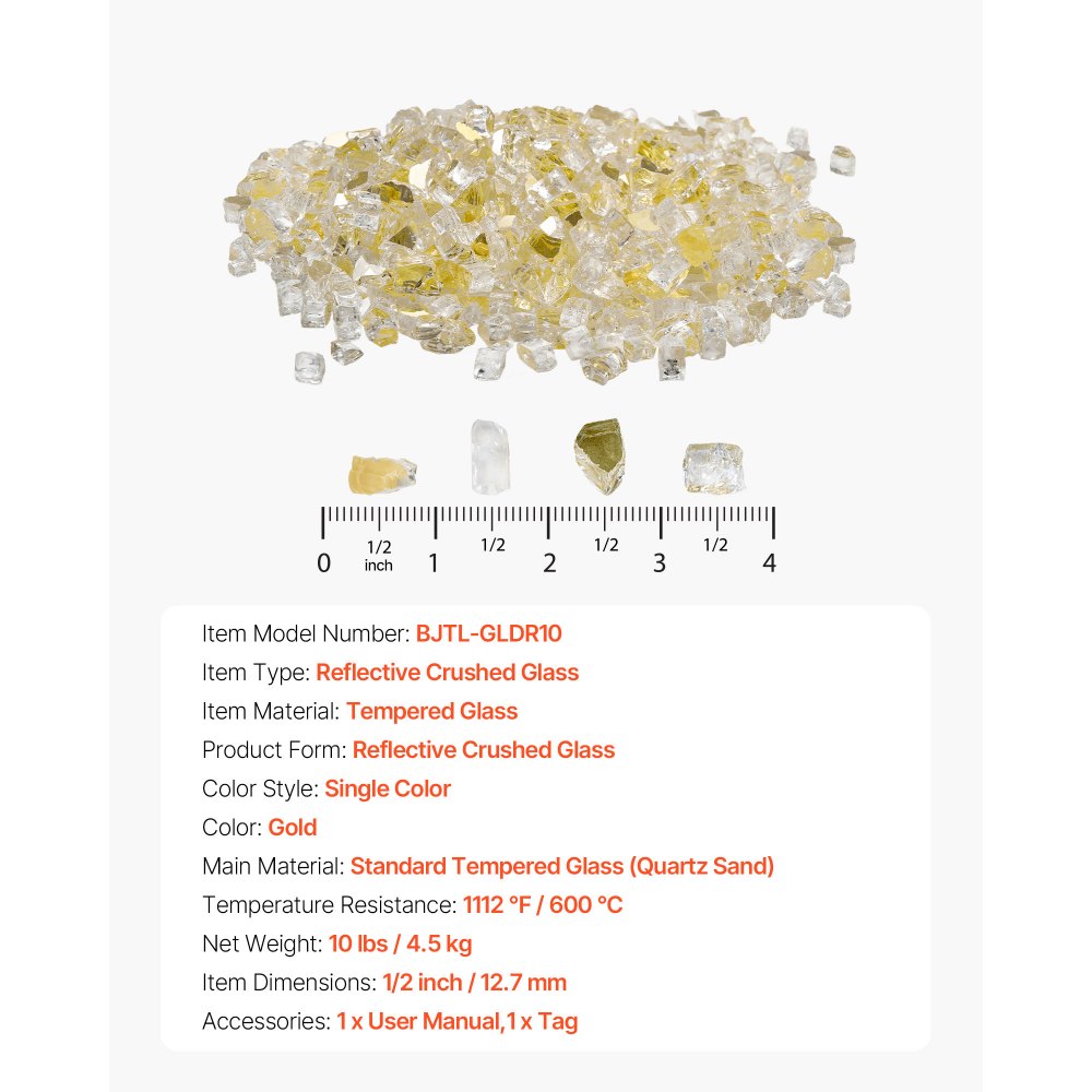 4.5 KG Fire Glass 12.7 mm Fireplace Glass Rocks for Fire Pit Table Gold