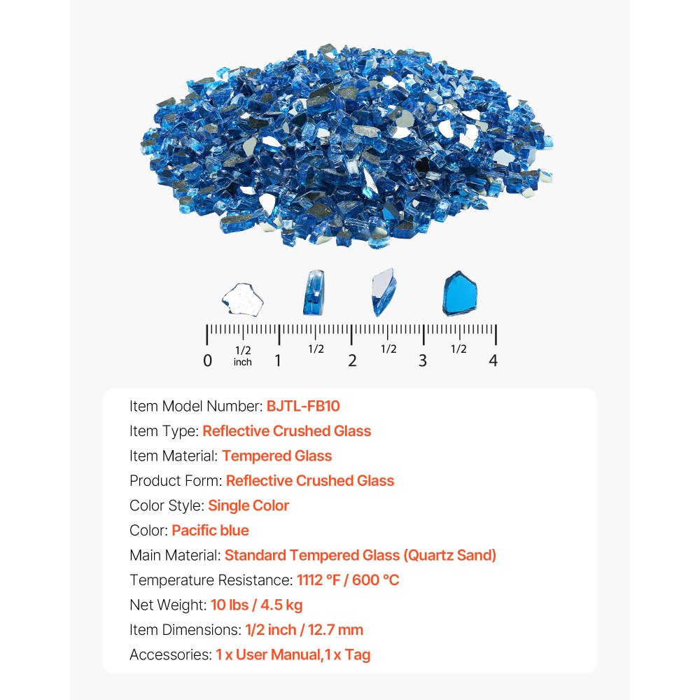 4.5 KG Fire Glass 12.7 mm Fireplace Glass Rocks for Fire Pit Pacific Blue