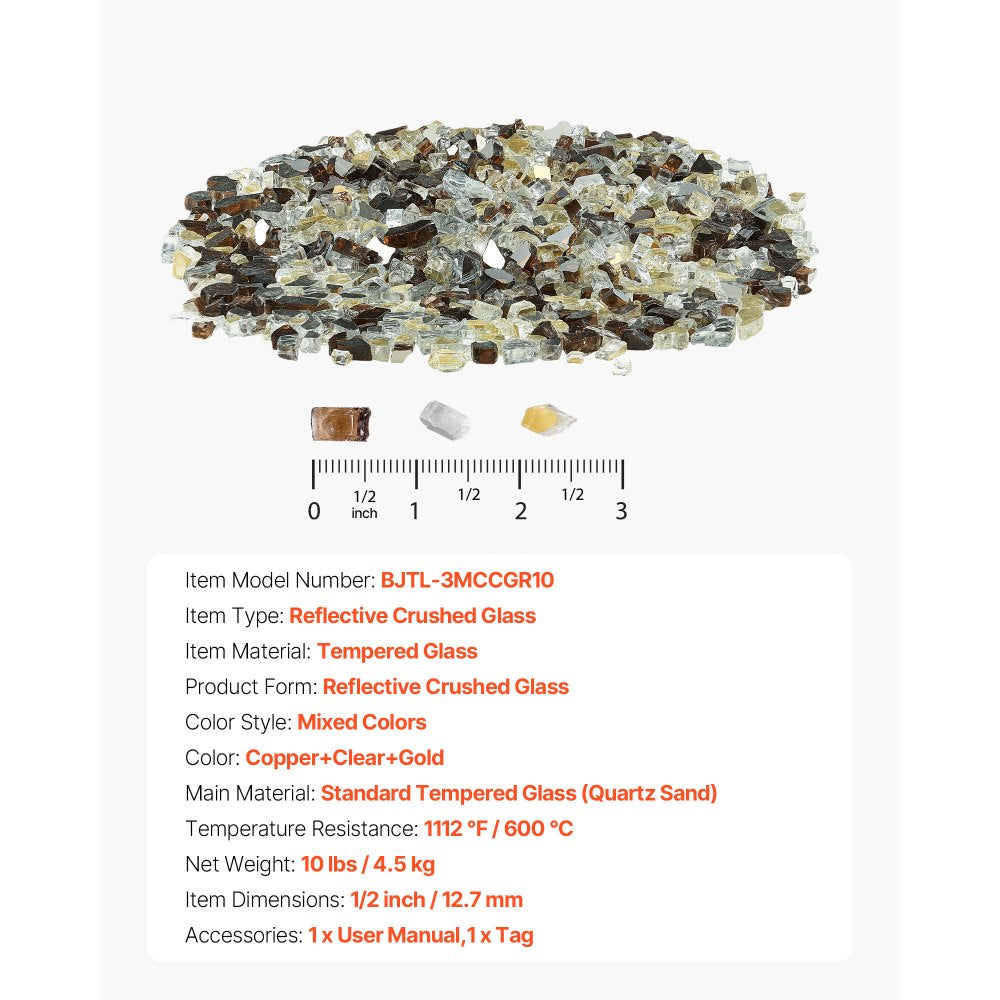 4.5 KG Fire Glass 12.7 mm Glass Rocks for Fire Pit Copper Gold Clear