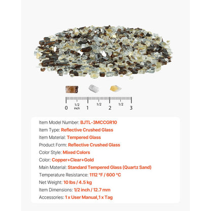 4.5 KG Fire Glass 12.7 mm Glass Rocks for Fire Pit Copper Gold Clear