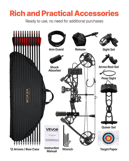 Compound Bow Archery, Adjustable 19-30 in Draw Length Compound Bow Package for Beginner, 19-70 Lbs Draw Weight Archery Bows and Arrow Set, Right Hand Kit with Hunting Equipment, 320 fps, Black