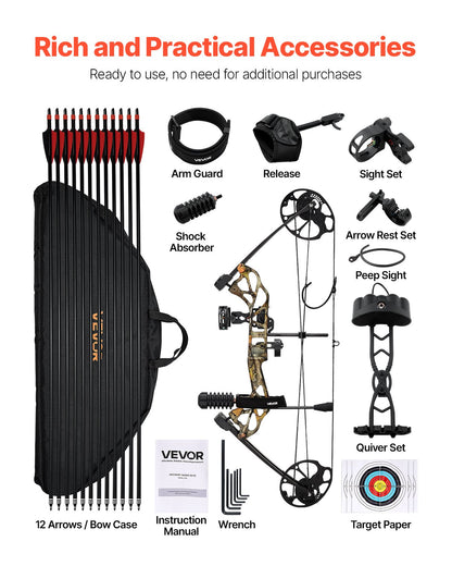Compound Bow Archery, Adjustable 19-30 in Draw Length Compound Bow Package for Beginner, 19-70 Lbs Draw Weight Archery Bows and Arrow Set, Right Hand Kit with Hunting Equipment, 320 fps