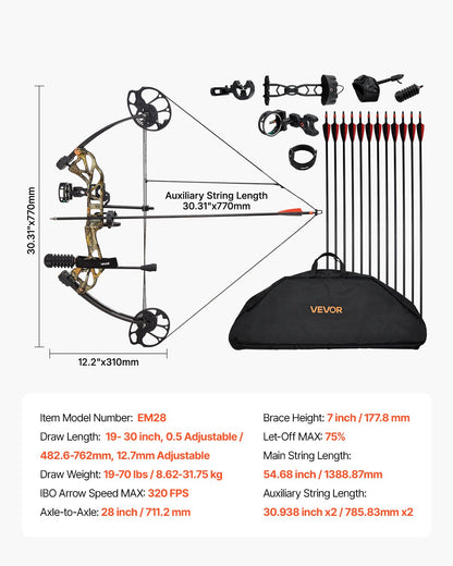 Compound Bow Archery, Adjustable 19-30 in Draw Length Compound Bow Package for Beginner, 19-70 Lbs Draw Weight Archery Bows and Arrow Set, Right Hand Kit with Hunting Equipment, 320 fps