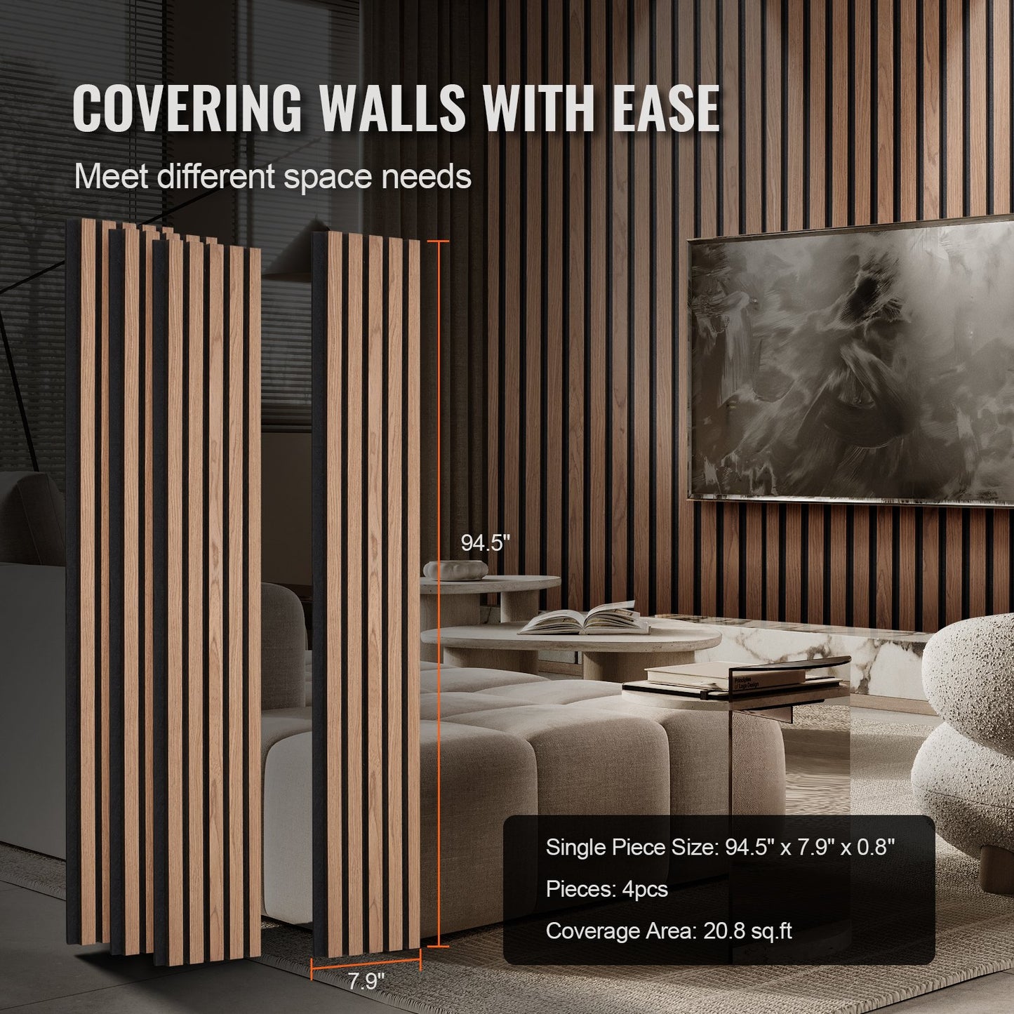 Wood Slat Acoustic Panels, 7.9 x 94.5 inch, MDF Accent Wooden Wall Panels for Modern Interior Wall, Faux Wood Wall Board Panels for Stylish Decor and Noise Reduction, Walnut