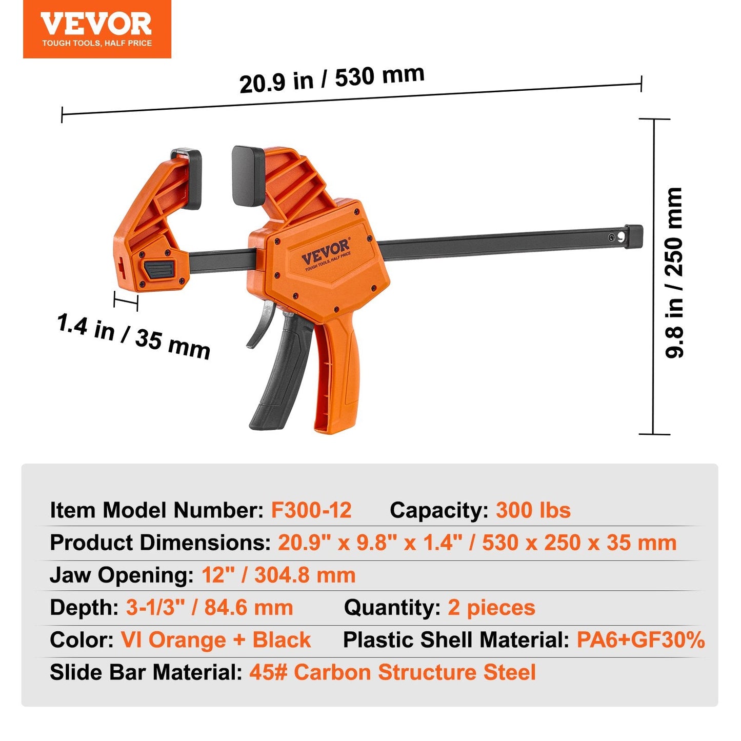 Quick-Change Bar Clamps, 2-Pack 0.3m, 136kg Load, One-Handed for Woodworking