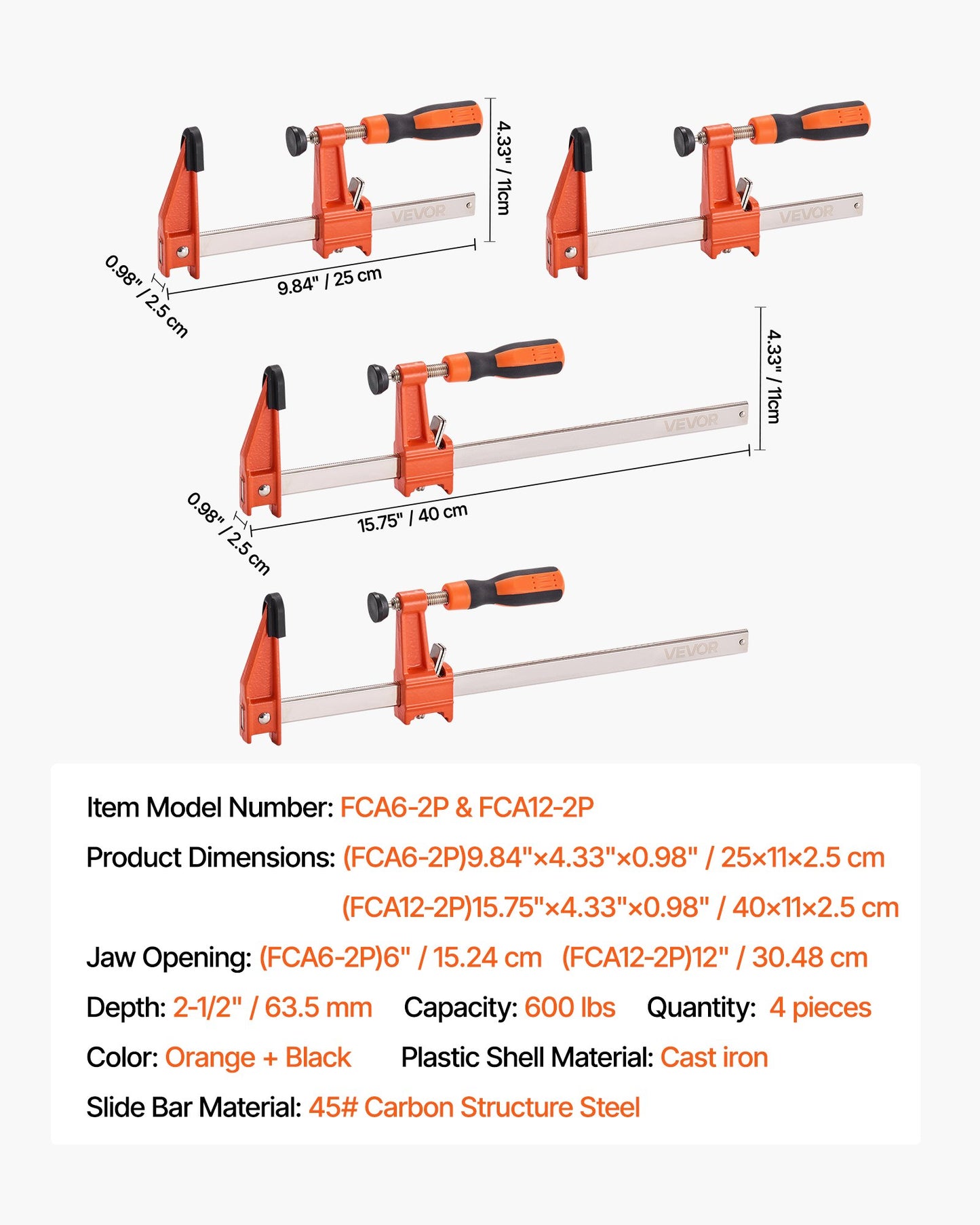 Bar Clamps for Woodworking, 2-Pack 15.24 cm and 2-Pack 30.48 cm, Lockable F-Clamp with 272 kg Load Limit, 63.5 mm Depth, Cast Iron and Carbon Steel, Wood Clamps for Woodworking Metal Working
